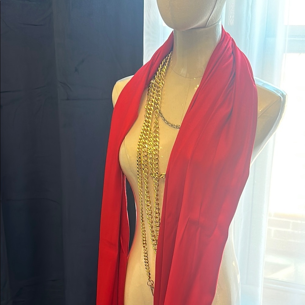 Elegant Red Scarf with Gold Chain Accent